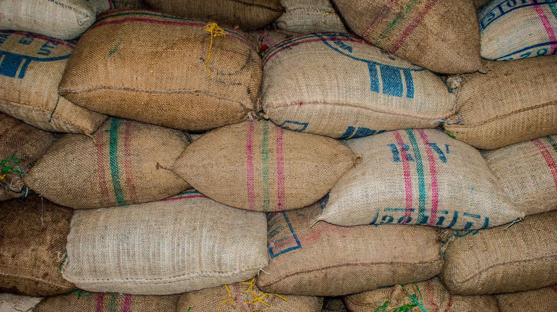 sacks of coffee stacked high